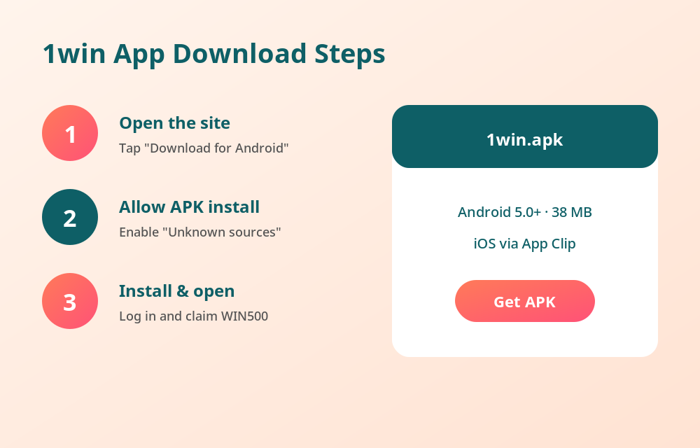 1win app download steps: open the site, allow APK install, then install and log in